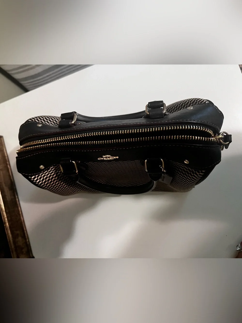 Coach Rowan Black and White Woven Top-Handle Satchel